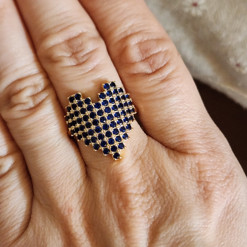 New 18K Gold Plated Blue Sapphire Pixel Heart Adjustable Ring for Women - Picture 4 of 11